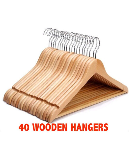 40 WOODEN COAT HANGERS SUIT GARMENTS CLOTHES WOOD HANGER TROUSER BAR SET