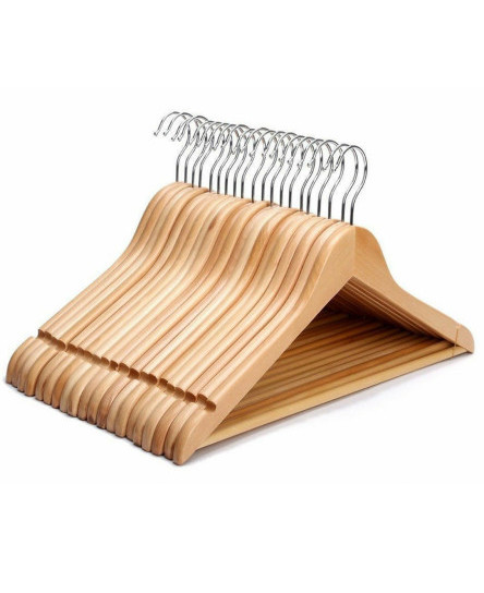 NATURAL WOODEN COAT HANGERS SUIT GARMENTS CLOTHES WOOD HANGER TROUSER BAR SET
