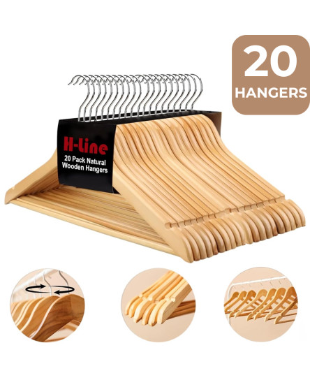 20 X WOODEN COAT HANGERS SUIT GARMENTS CLOTHES WOOD HANGER TROUSER BAR SET