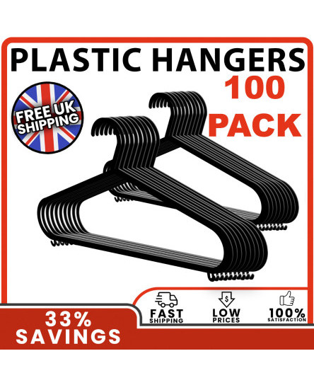 100 x ADULT BLACK COAT HANGERS HANGER COATHANGER STRONG PLASTIC CLOTHES TROUSER