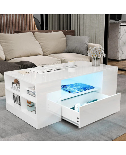 LED Coffee Table Wooden 2 Drawer Storage High Gloss Modern Living Room Furniture