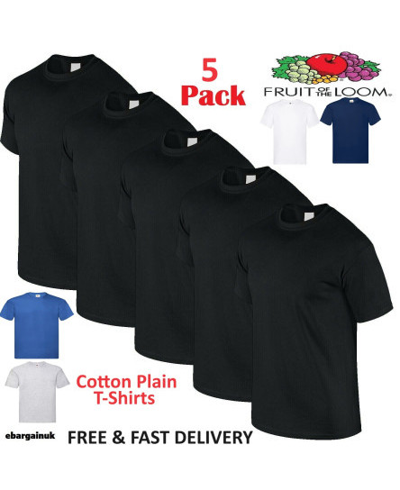 5 PACK FRUIT OF THE LOOM BLACK MENS PLAIN TEE COTTON T SHIRTS WHOLESALE S-2XL