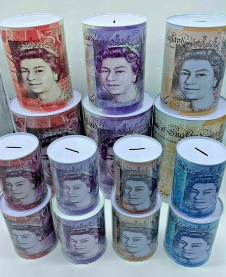 Money Box Tin £5 £10 £20 £50 Pound Note Design Kids Saving Cash PIggy Bank Box N